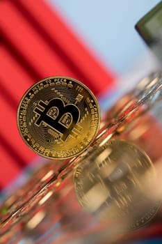 Golden Bitcoin Coin, virtual money, financial chart