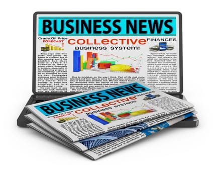 Newspaper end laptop with business news on screen. 3d render.