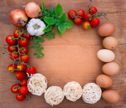 background ingredients kitchen top view with noodles eggs tomatoes and fresh herbs