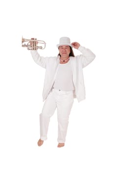 A middle age indigenous man dancing in a white outfit and white hat.playing his trumpet with his long hair, isolated for white background.