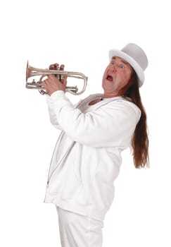 A middle age indigenous man standing in a white outfit and white hat.holding his trumpet and screaming, isolated for white background.