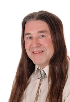 A handsome indigenous man smiling in a portrait shoot with his.long brunette hair, isolated for white background.