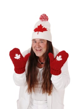 A happy indigenous man dressed in white with a hat and mittens.with the Canadian Mabel leaf, isolated for white background.