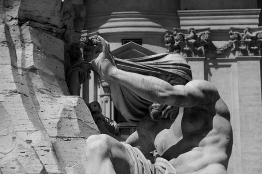 ROME, ITALY - MAYO 15 2019: Fountain of the Four Rivers in the Piazza Navona, designed in 1651 by Gian Lorenzo Bernini.