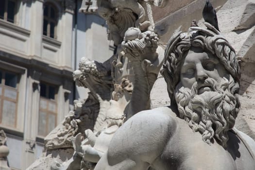 ROME, ITALY - MAYO 15 2019: Fountain of the Four Rivers in the Piazza Navona, designed in 1651 by Gian Lorenzo Bernini.