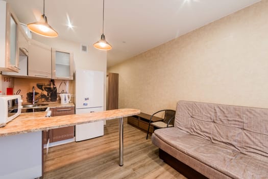 Russia, Moscow- September 05, 2019: interior room apartment modern bright cozy atmosphere. general cleaning, home decoration, preparation of house for sale
