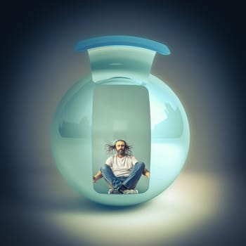 man with long hair sitting inside a sphere meditates with his eyes closed. comfort zone concept.