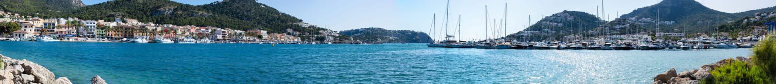 Panoramic view of the harbor in Puerto Andratx (Port d'Andratx), Mallorca, Balearic Islands, Spain, Europe