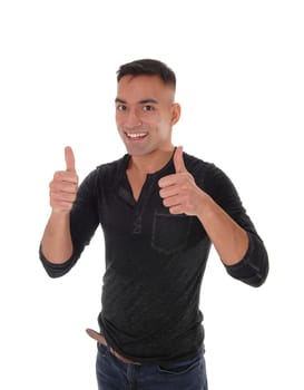 A young east Indian man standing in a blue shirt making an OK sign,.with both of his thumb up, isolated for white background.