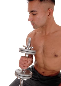 A handsome shirtless young man working out with a dumbbell with his.eyes closed, wearing his truck pants, isolated for white background.