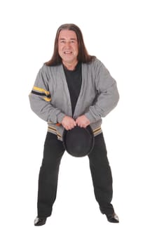 An indigenous man in a gray jacket and long brunette hair dancing.his black hat, isolated for white background.