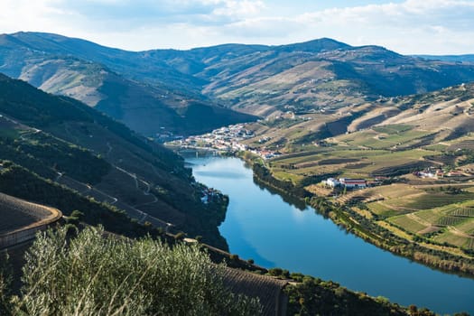 View of the terraced vineyards in the Douro Valley and river near the village of Pinhao, Portugal. Concept for travel in Portugal and most beautiful places in Portugal.