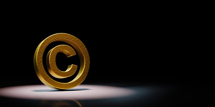 Golden Copyright Symbol Shape Spotlighted on Black Background with Copy Space 3D Illustration