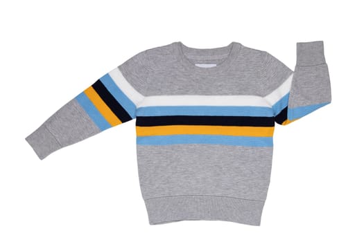 Autumn and winter children clothes. A light gray cozy warm sweater or pullover with colorful stripes isolated on a white background. Spring fashion for child boy.