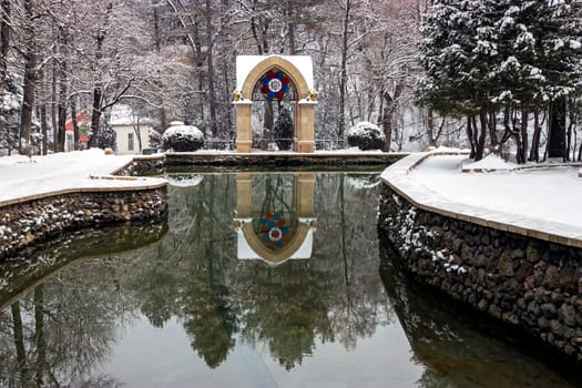 KISLOVODSK, RUSSIA - DECEMBER 25,2012: Mirror pond in the resort park of Kislovodsk,Northern Caucasus, Russia.