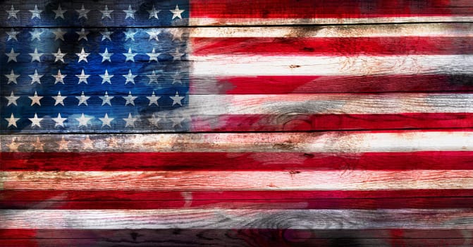 Grunge USA flag on a wood surface