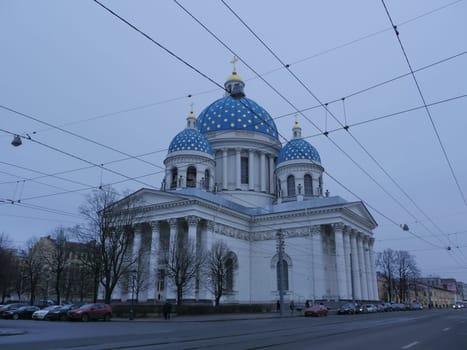 St. Petersburg, Russia, November 30, 2019. golden stars on the blue domes of the Trinity Izmail Cathedral