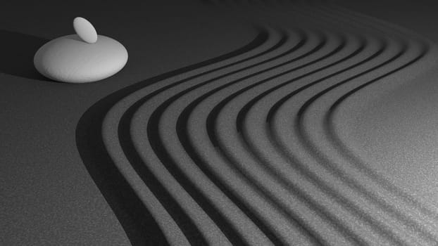 The 3d rendering of stone on raked sand zen concept