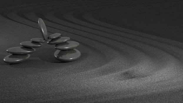 The 3d rendering of stone on raked sand zen concept