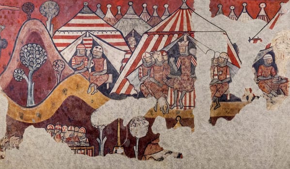 Barcelona, Spain - Dec 26th 2019: Conquest of Majorca in 1229. King James I of Aragon encampment. National Art Museum of Catalonia, Museum of Catalan Art, Barcelona, Spain