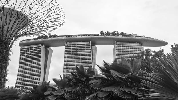 marina bay sands towers supertree landmark Singapore day black white