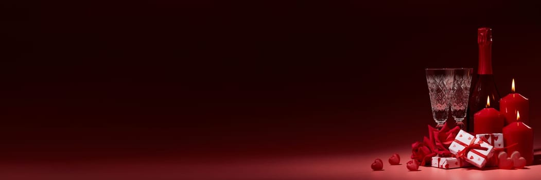 Red hearts, roses, gift boxes, champagne bottle and flutes on dark background. Copy space. Valentine's Day. Wedding Day. For romantic greeting card, invitation. Extra wide panorama banner background
