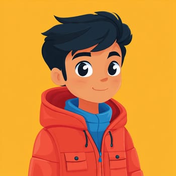 A digital illustration of a cheerful cartoon boy with dark hair, wearing a red puffer jacket and a blue scarf, set against a bright yellow background.