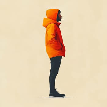 A digital illustration of a man standing in profile, wearing an orange hooded jacket, black pants, and sneakers against a minimalist light background.