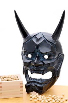 Japanese traditional Setsubun event, Soybeans and masks of oni demon