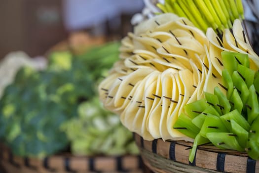 Freshly cut vegetables on wooden sticks, ready to be grilled on the street in the Muslim Quarter, Xian town, China