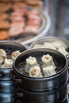 Delicious traditional chinese dumplings steamed and filled with pork meat, prepared on hot steam, China