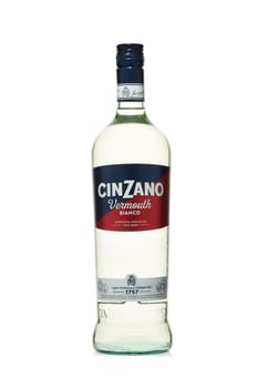 St.Petersburg, Russia - December 2019 -  Bottle of Italian vermouth Cinzano Bianco isolated on white background. Authentic Italian tradition