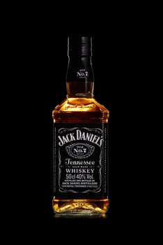 St.Petersburg, Russia - December 2019 - Bottle of Jack Daniel's whiskey on black background. Brand of the American whiskey