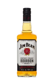St.Petersburg, Russia - December 2019 - Bottle of Jim Beam bourbon whiskey isolated on white background. Kentucky straight bourbon whiskey
