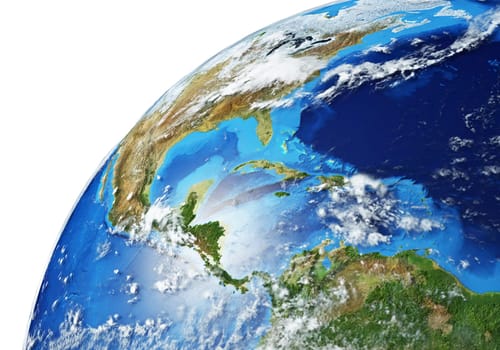 Earth globe close- up of North and South Americas. Very detailed and Photo realistic. With clouds. (Original maps provided by NASA.)
