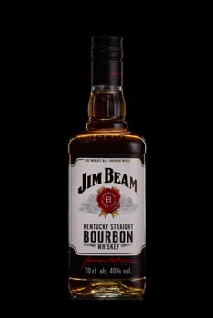 St.Petersburg, Russia - December 2019 - Bottle of Jim Beam bourbon whiskey on black background. Kentucky straight bourbon whiskey
