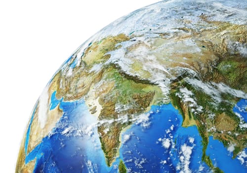Earth globe close- up of the Asiatic area. Very detailed and Photo realistic. With clouds. (Original maps provided by NASA.)