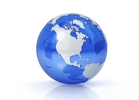 Earth globe stylized. Grey continents in relief. With transparent seas to reveal continents on the other side. On white background. North America view.
