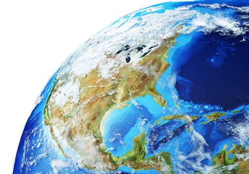Earth globe close- up of North America. Very detailed and Photo realistic. With clouds. (Original maps provided by NASA.)