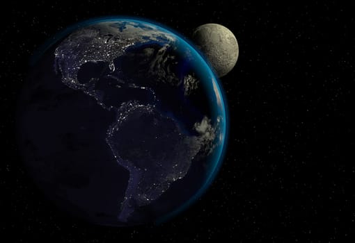 Planet earth with sunrise in space, city lights and moon. North and South Americas view. (Original maps provided by NASA.)