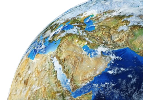 Earth globe close- up of the Middle East area. Very detailed and Photo realistic. With clouds. (Original maps provided by NASA.)