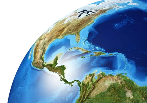 Earth globe close- up of North and South Americas. Very detailed and Photo realistic. (Original maps provided by NASA.)