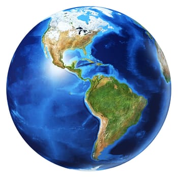 Earth globe photorealistic 3d illustration, on white background. North America and South America view. Without clouds. (Original maps provided by NASA).