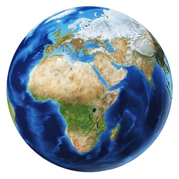 Earth globe 3d illustration. Africa, Asia and Europe view. Very detailed and photo realistic. On white background. (Original maps provided by NASA.)