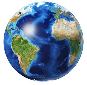 Earth globe photorealistic 3d illustration, on white background. Atlantic Ocean view. Without clouds. (Original maps provided by NASA).