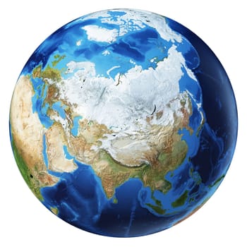 Earth globe 3d illustration. North Asia view. Very detailed and photo realistic. On white background. (Original maps provided by NASA.)