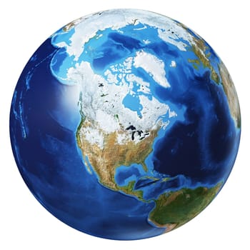 Earth globe photorealistic 3d illustration, on white background. North America view. Without clouds. (Original maps provided by NASA).