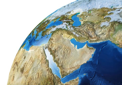 Earth globe close- up of the Middle East area. Very detailed and Photo realistic. (Original maps provided by NASA.)