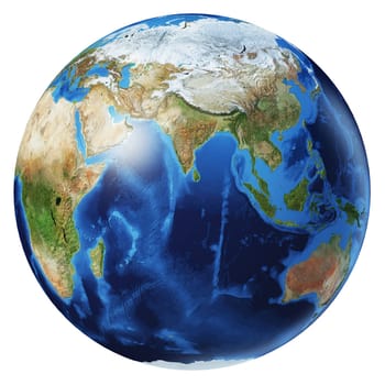 Earth globe 3d illustration. Asia view. Very detailed and photo realistic. On white background. (Original maps provided by NASA.)