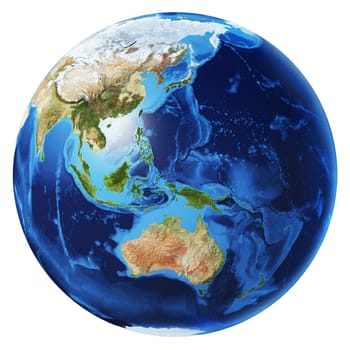 Earth globe photorealistic 3d illustration, on white background. Oceania view. Without clouds. (Original maps provided by NASA).